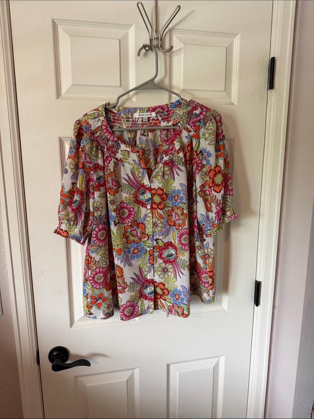 Rose & Olive Floral Button-Front Peasant Top in Multi-Color